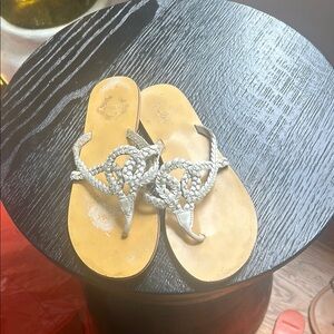 Ecote White and Tan Sandals with Decorative Embellishment